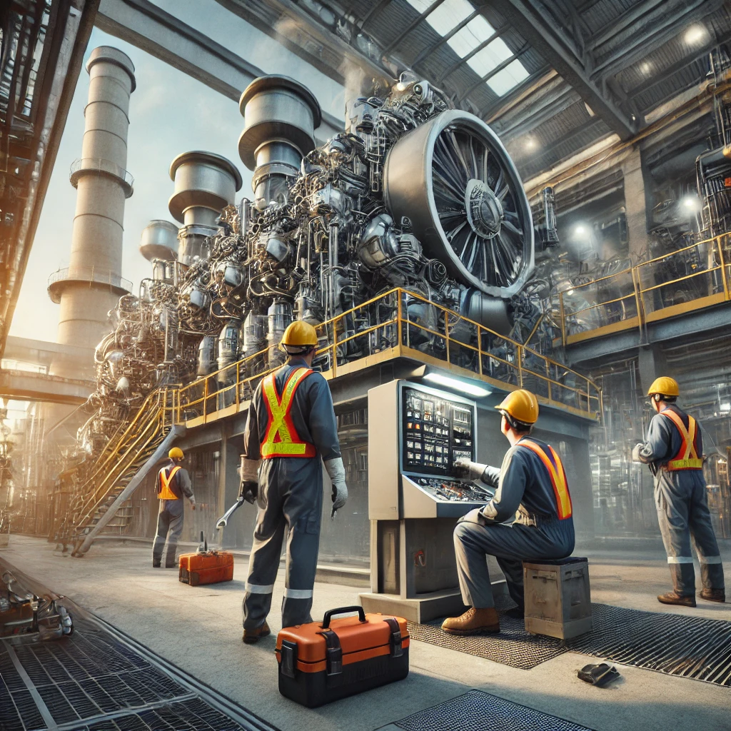 DALL·E 2024-12-17 00.29.41 - A realistic photographic representation of repair services in a power plant. Show engineers wearing safety helmets and reflective vests actively worki