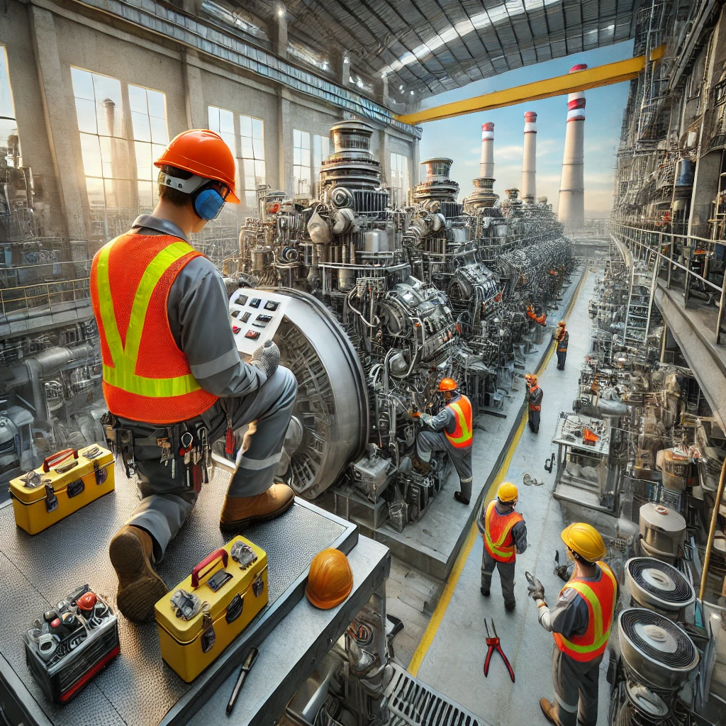 DALL·E 2024-12-17 00.30.16 - A realistic photographic-style image representing repair services in a power plant. Show engineers in safety helmets and reflective vests working on l